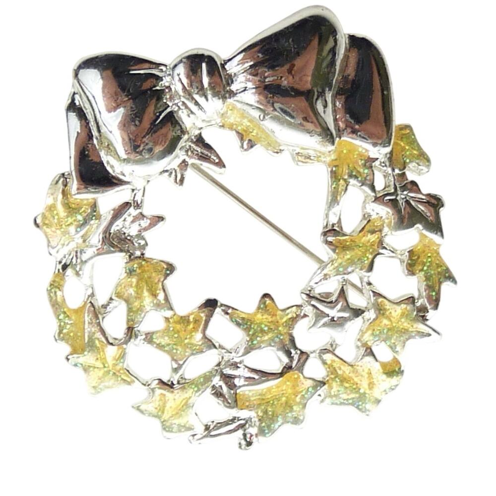 Vintage Danecraft Autumn Wreath Brooch Pin Yellow Leaf Silver Tone Bow Jewelry